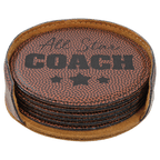 Personalized 4" Football Leatherette Round Coaster Set (6-Pack with Holder) – Laser Engraved