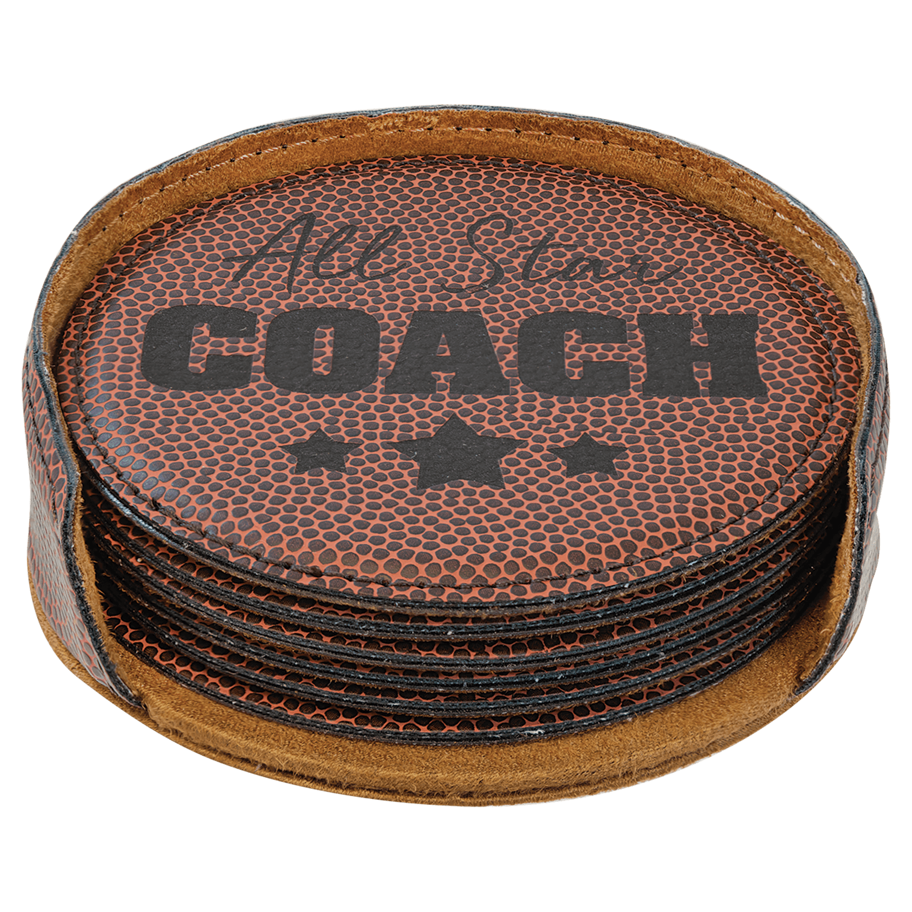 Personalized 4" Football Leatherette Round Coaster Set (6-Pack with Holder) – Laser Engraved