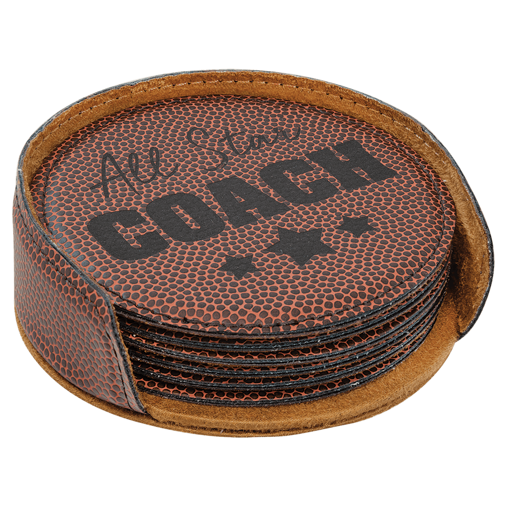 Personalized 4" Football Leatherette Round Coaster Set (6-Pack with Holder) – Laser Engraved
