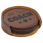 Personalized 4" Football Leatherette Round Coaster Set (6-Pack with Holder) – Laser Engraved