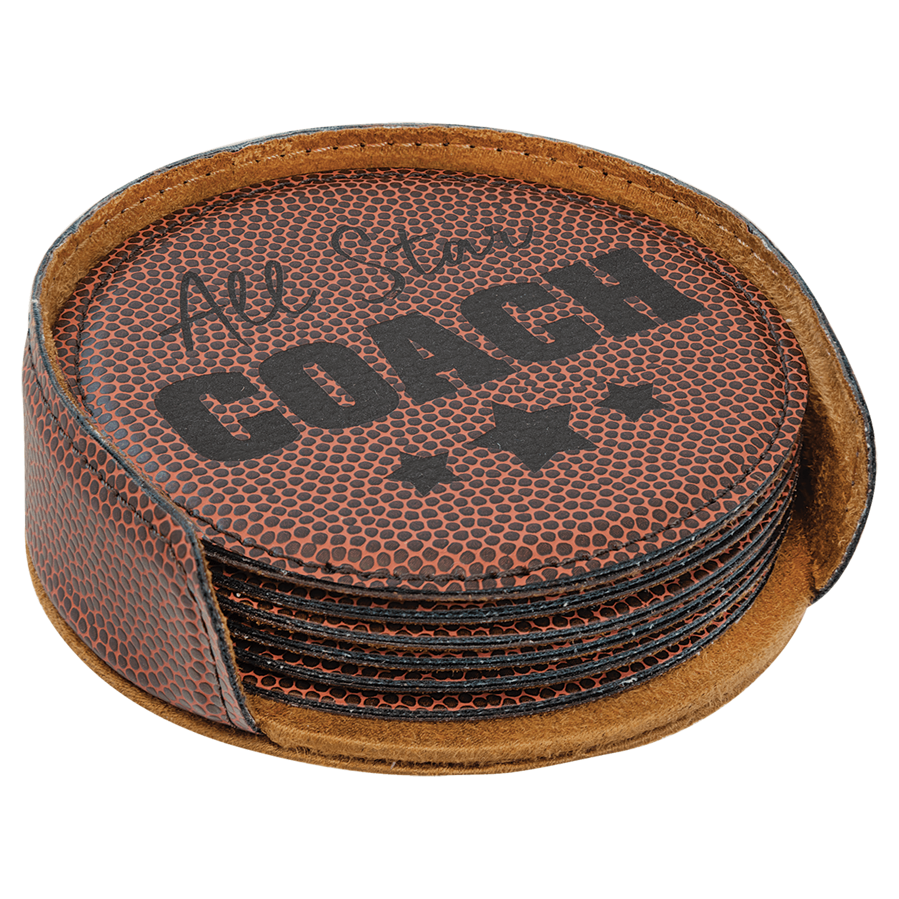 Personalized 4" Football Leatherette Round Coaster Set (6-Pack with Holder) – Laser Engraved