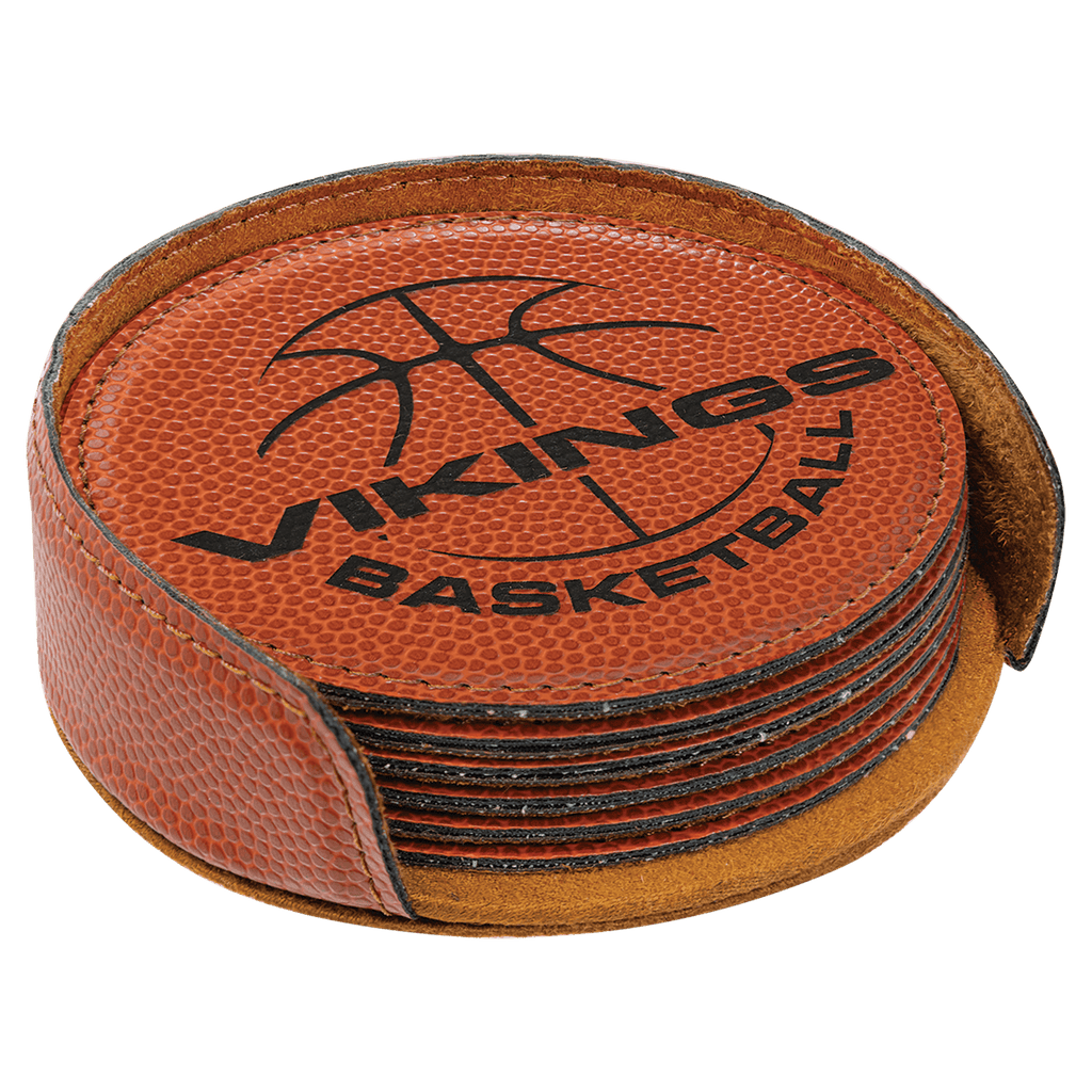 Personalized 4" Basketball Leatherette Round Coaster Set (6-Pack with Holder) – Laser Engraved