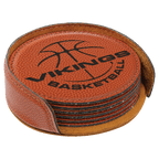Personalized 4" Basketball Leatherette Round Coaster Set (6-Pack with Holder) – Laser Engraved