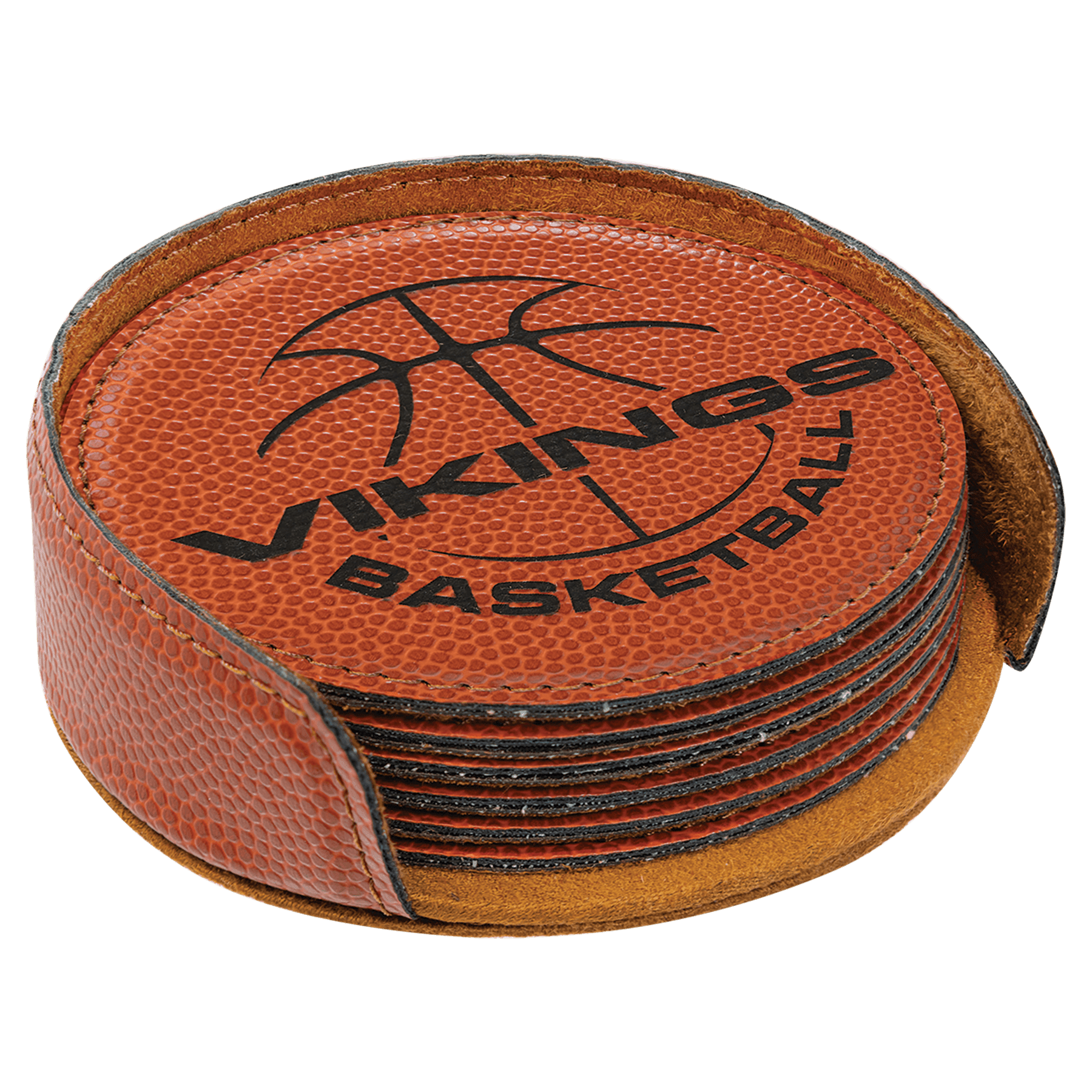 Personalized 4" Basketball Leatherette Round Coaster Set (6-Pack with Holder) – Laser Engraved