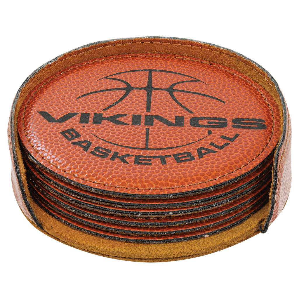 Personalized 4" Basketball Leatherette Round Coaster Set (6-Pack with Holder) – Laser Engraved