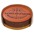 Personalized 4" Basketball Leatherette Round Coaster Set (6-Pack with Holder) – Laser Engraved