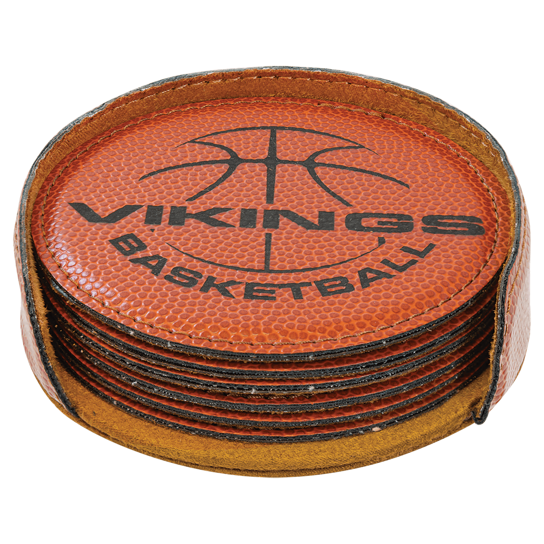Personalized 4" Basketball Leatherette Round Coaster Set (6-Pack with Holder) – Laser Engraved