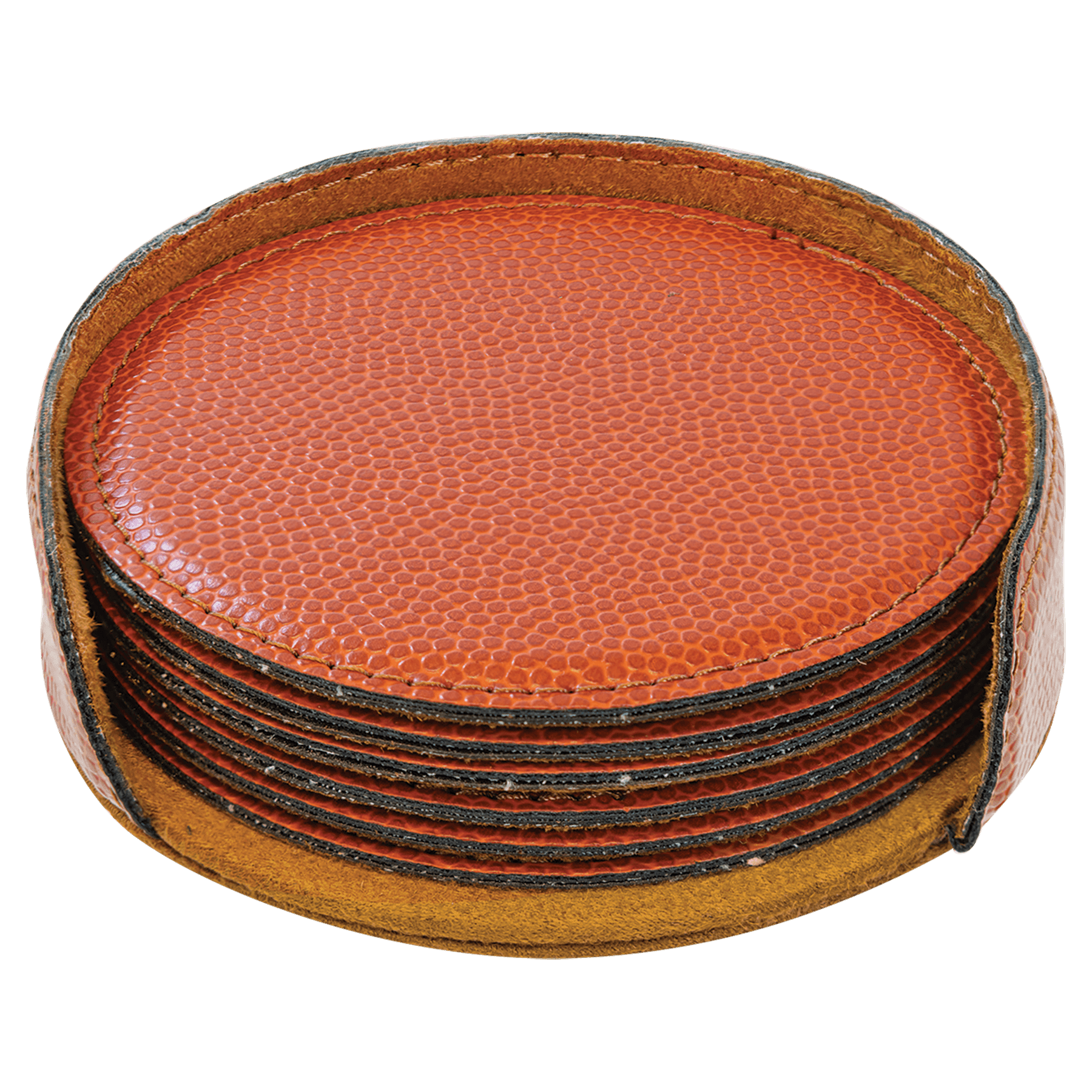 Personalized 4" Basketball Leatherette Round Coaster Set (6-Pack with Holder) – Laser Engraved