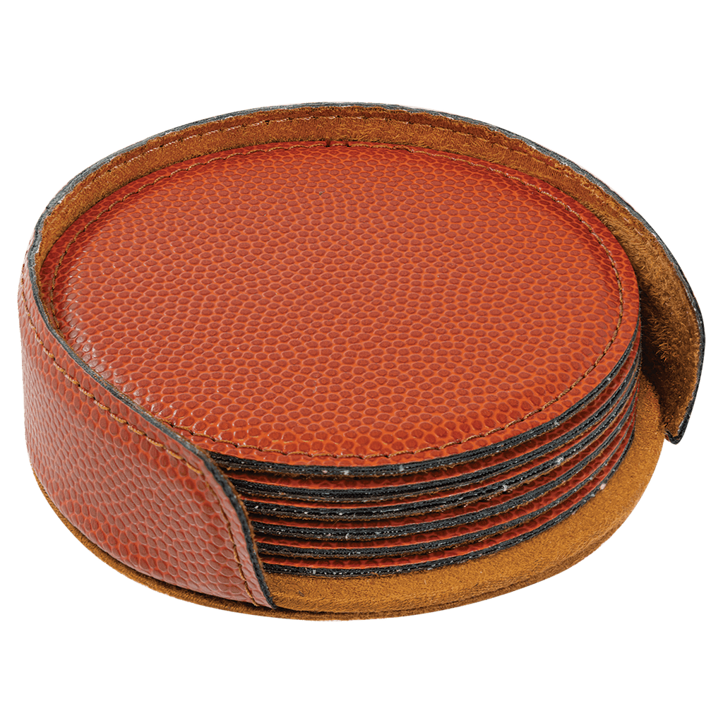 Personalized 4" Basketball Leatherette Round Coaster Set (6-Pack with Holder) – Laser Engraved