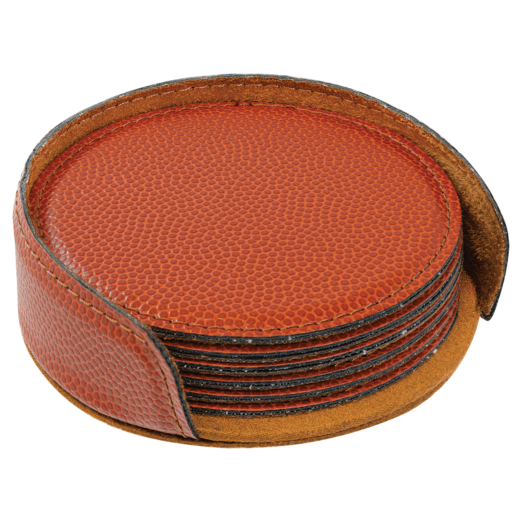 Personalized 4" Basketball Leatherette Round Coaster Set (6-Pack with Holder) – Laser Engraved