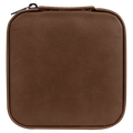Brown leather zippered pouch on a white background