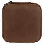 Brown leather zippered pouch on a white background