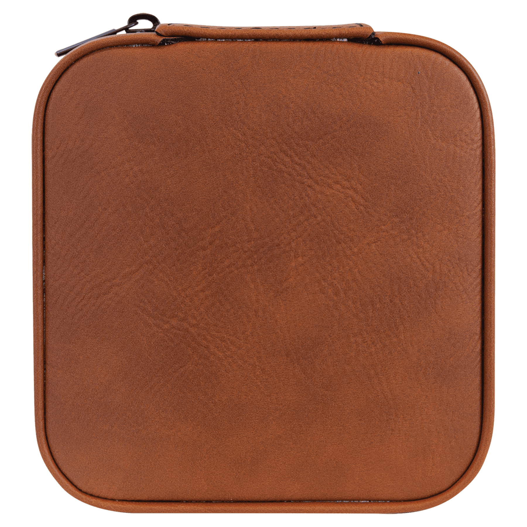 A square brown faux-leather zippered case with rounded corners, shown from a top-down view on a solid green background.