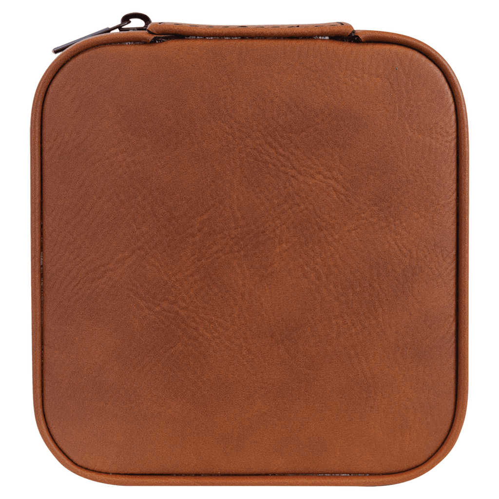 A square brown faux-leather zippered case with rounded corners, shown from a top-down view on a solid green background.