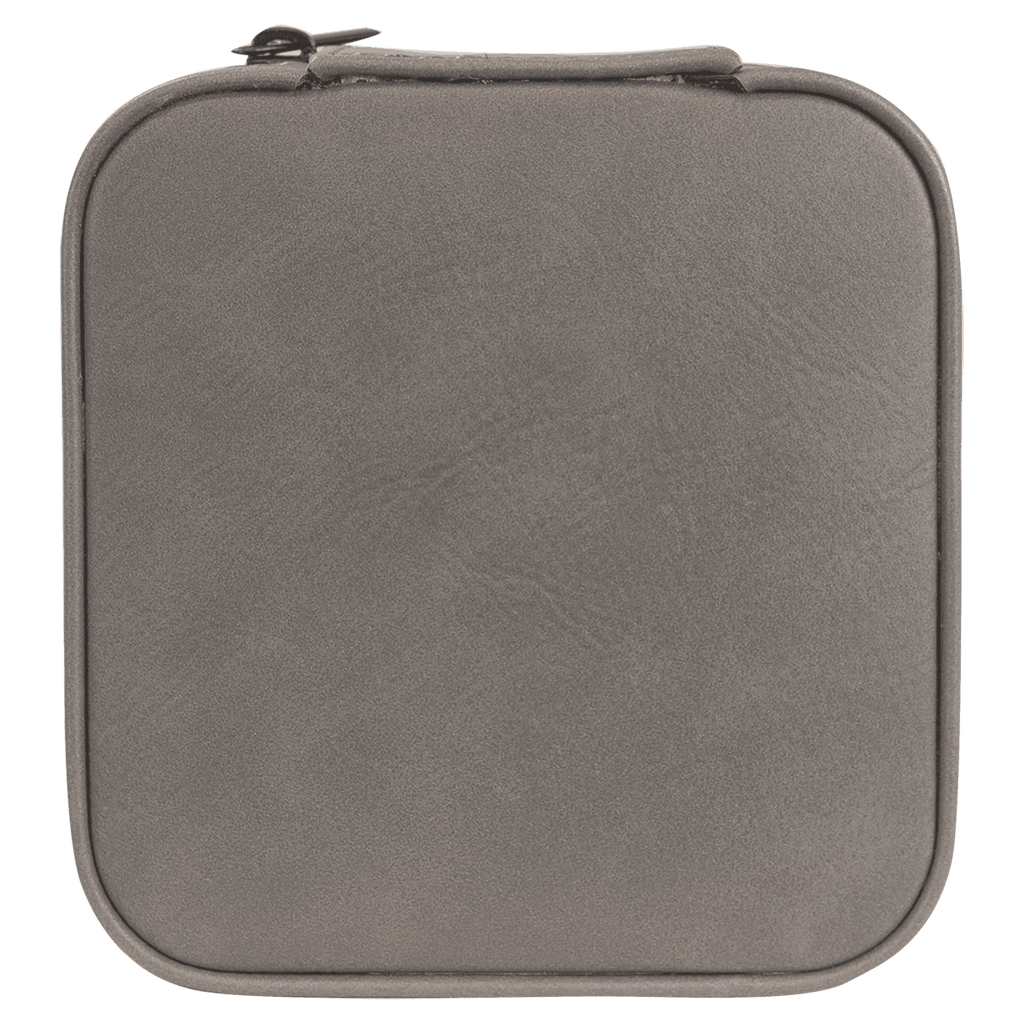 A square gray zippered pouch with rounded corners and a top zipper, shown against a solid green background.