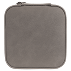 A square gray zippered pouch with rounded corners and a top zipper, shown against a solid green background.