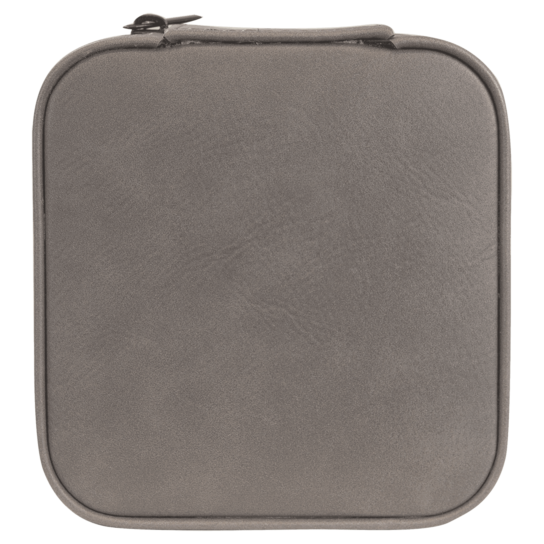 A square gray zippered pouch with rounded corners and a top zipper, shown against a solid green background.