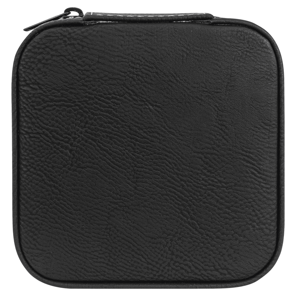A black textured zippered case with rounded corners, shown against a solid green background.