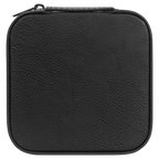 A black textured zippered case with rounded corners, shown against a solid green background.