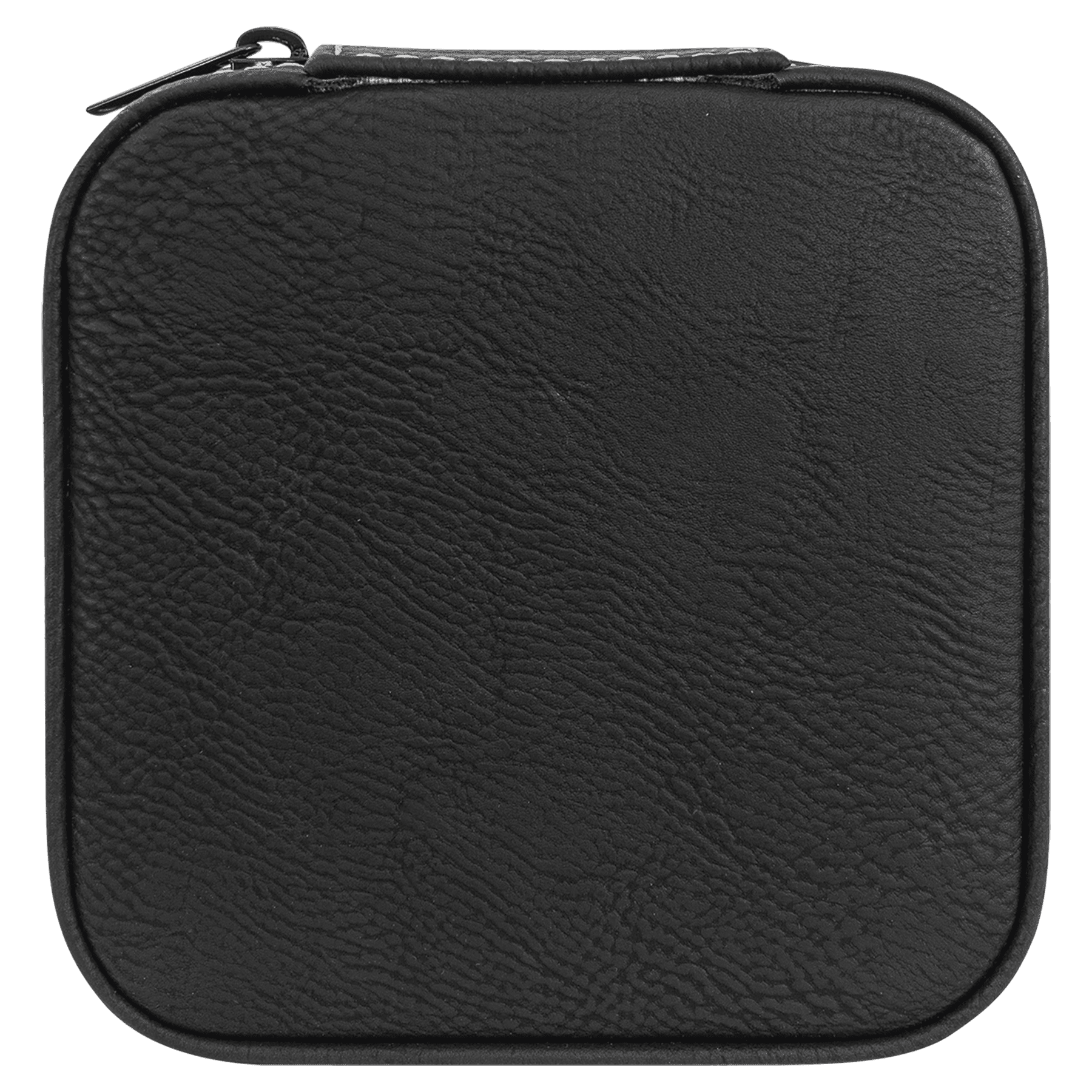 A black textured zippered case with rounded corners, shown against a solid green background.
