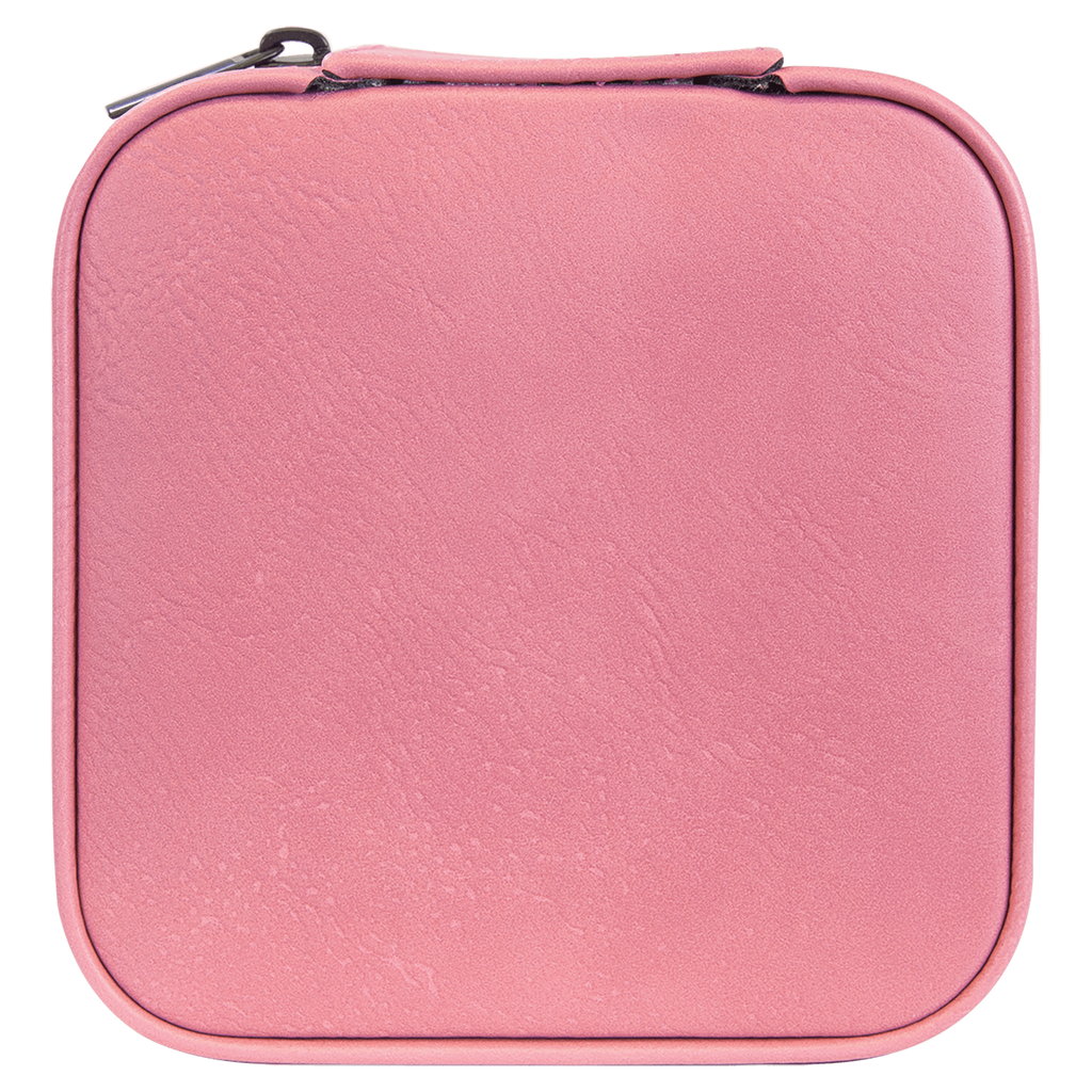 A square pink zippered case with rounded corners and a textured faux-leather finish, shown against a plain white background.