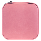 A square pink zippered case with rounded corners and a textured faux-leather finish, shown against a plain white background.