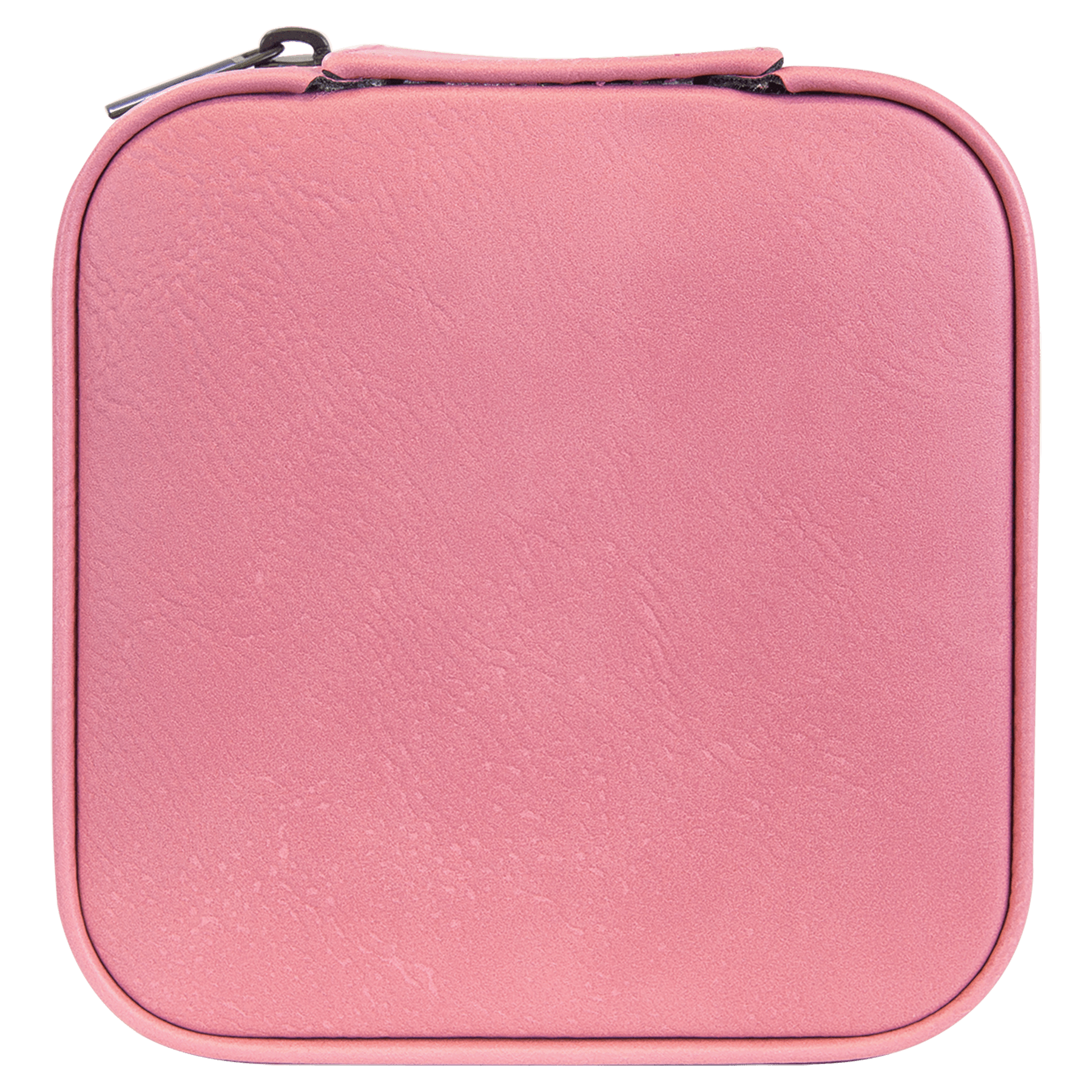 A square pink zippered case with rounded corners and a textured faux-leather finish, shown against a plain white background.