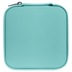 A square zippered pouch in a light turquoise or mint green color, featuring a textured faux-leather finish and a black metal zipper pull, shown against a plain white background.