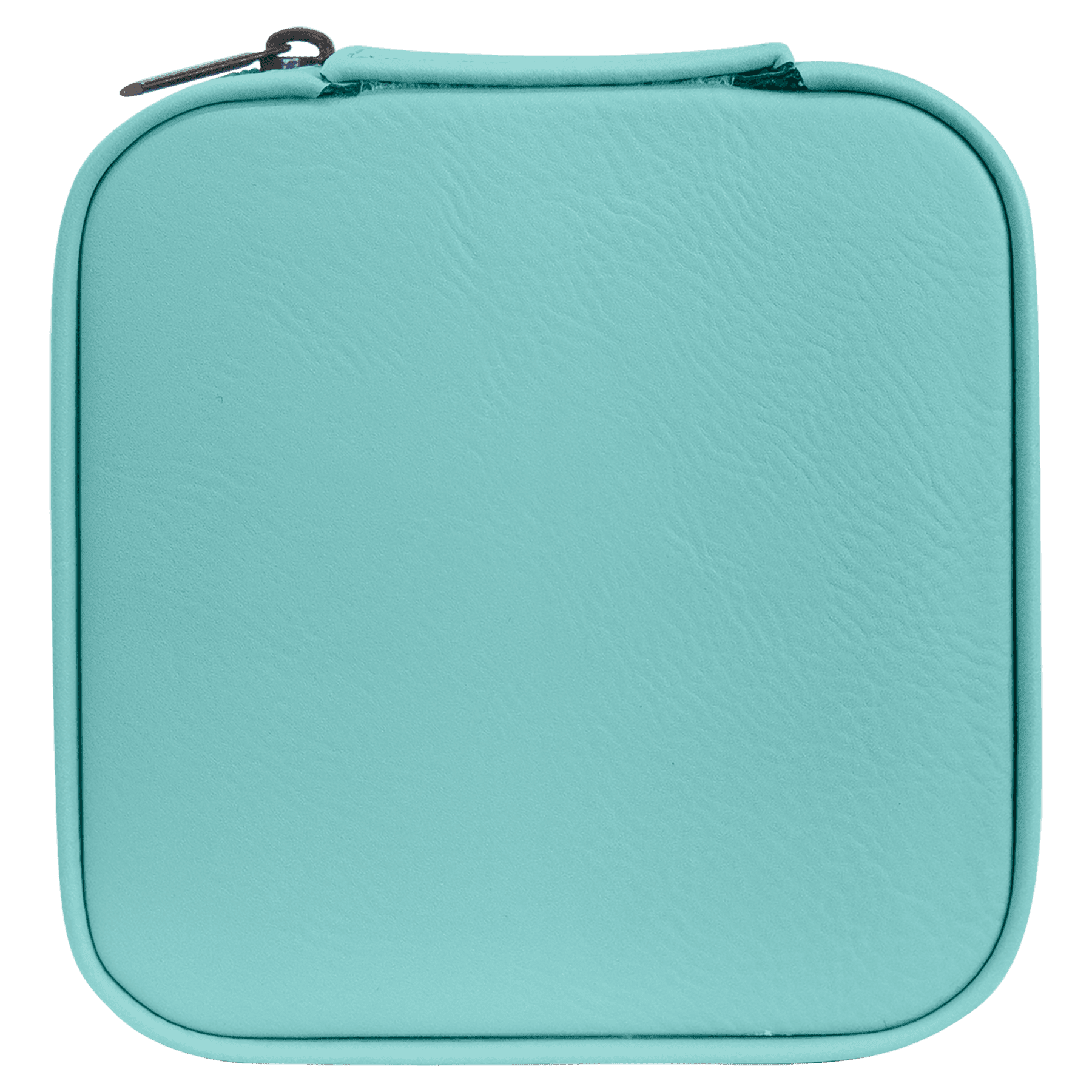 A square zippered pouch in a light turquoise or mint green color, featuring a textured faux-leather finish and a black metal zipper pull, shown against a plain white background.