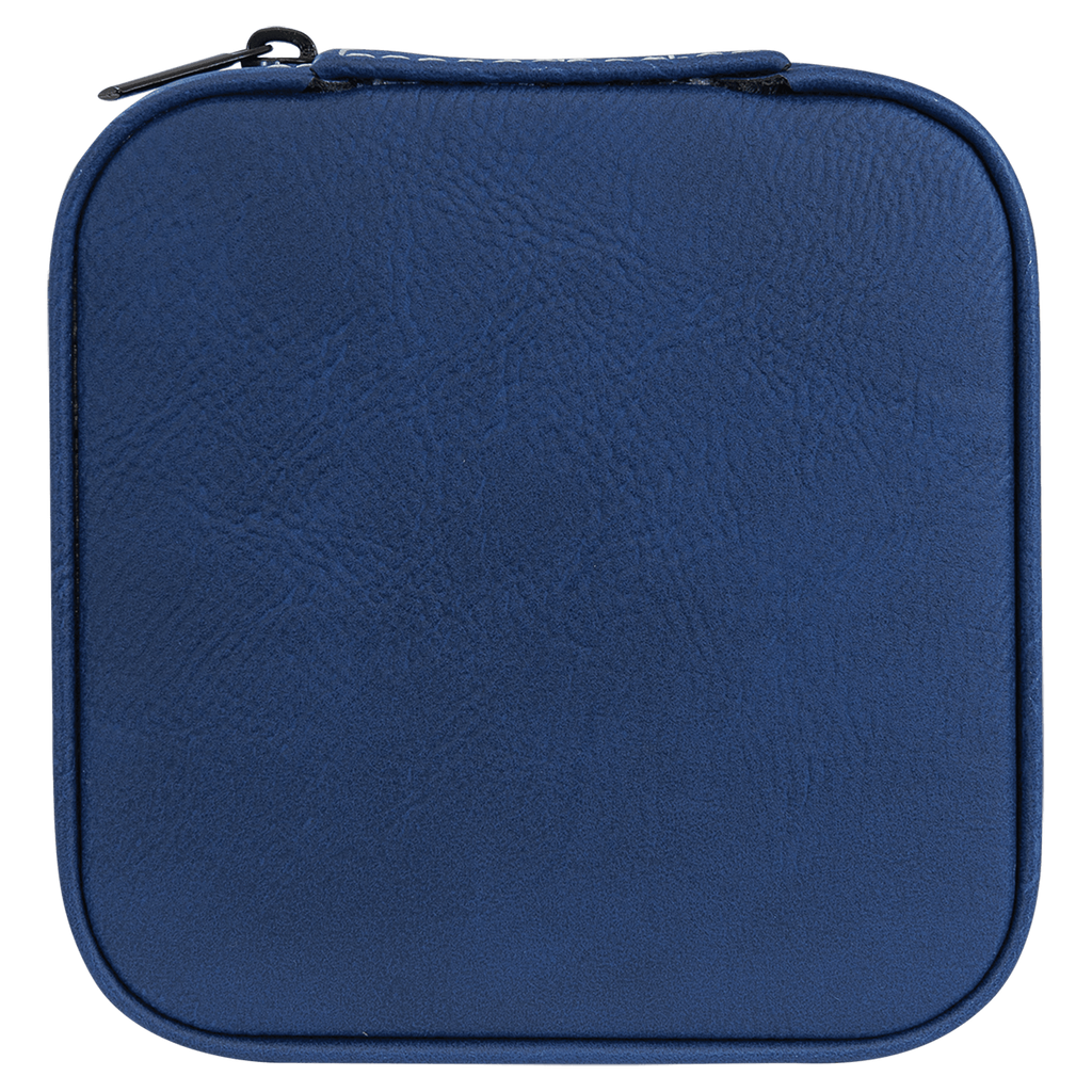 A square-shaped navy blue zippered case with a textured faux-leather finish, shown against a plain white background.