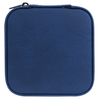 A square-shaped navy blue zippered case with a textured faux-leather finish, shown against a plain white background.