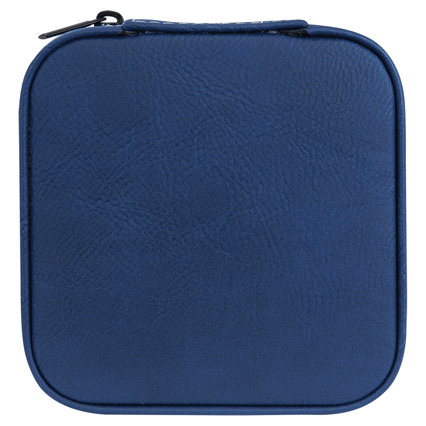A square-shaped navy blue zippered case with a textured faux-leather finish, shown against a plain white background.