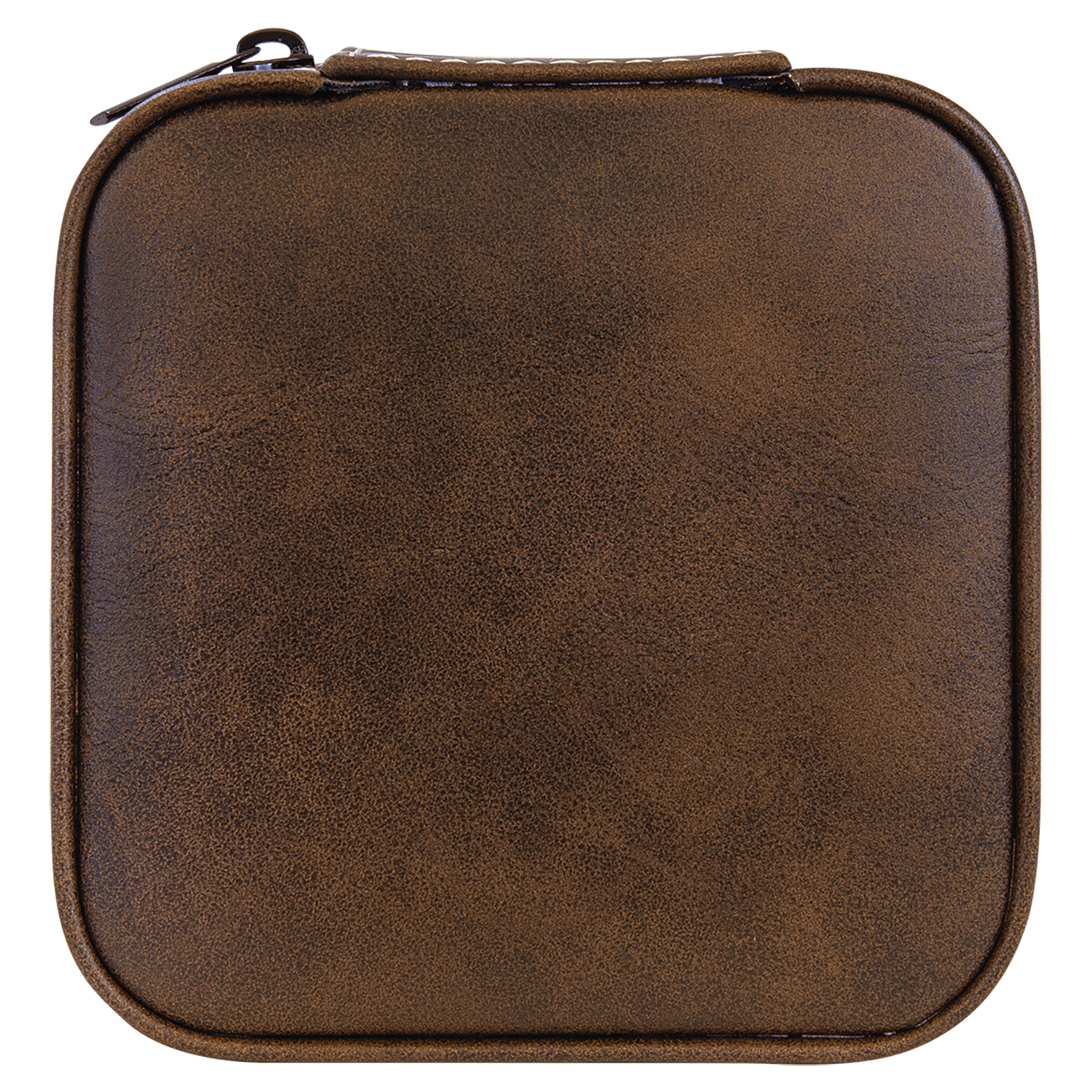 A square brown faux-leather zippered case with rounded corners and a top zipper, shown against a plain white background.