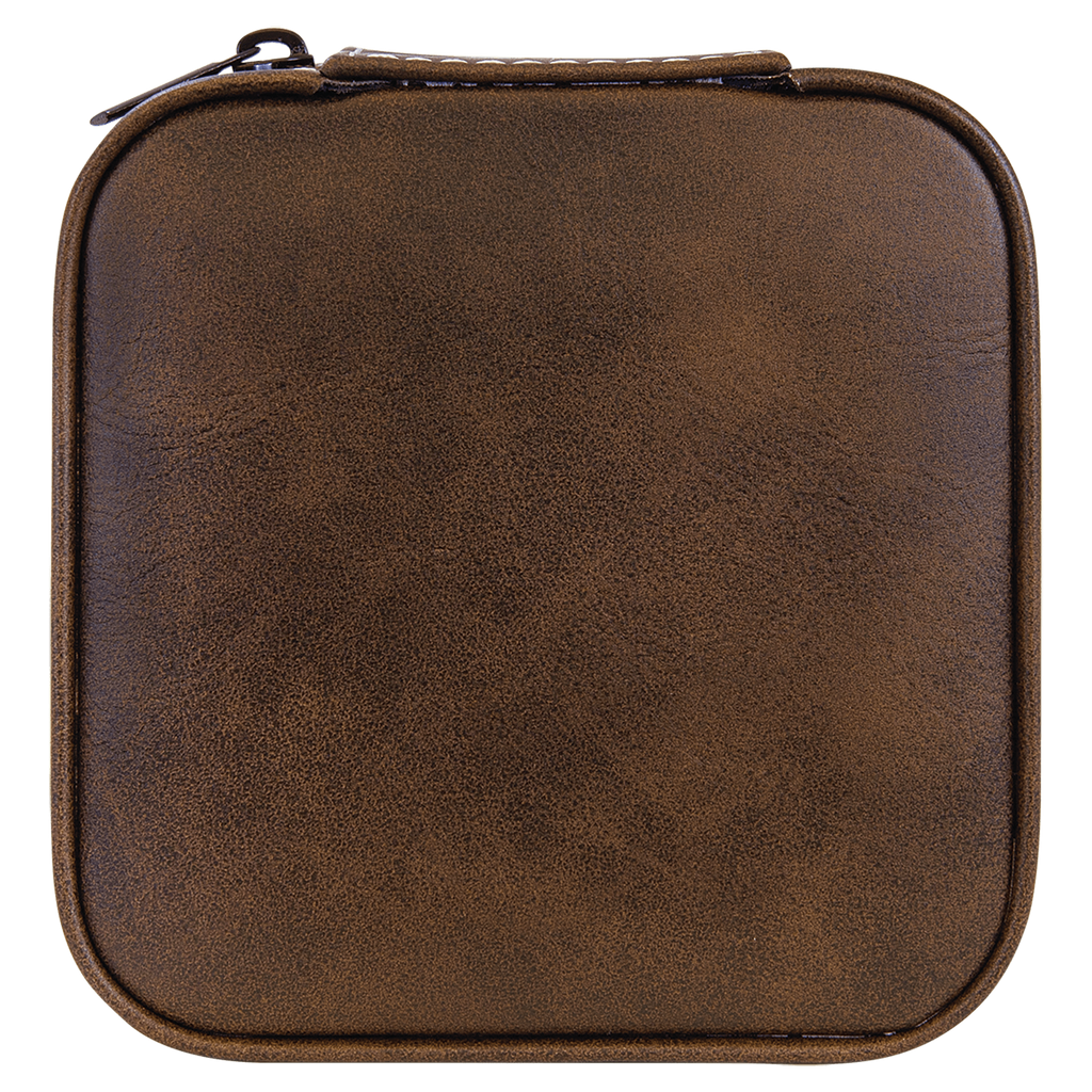 A square brown faux-leather zippered case with rounded corners and a top zipper, shown against a plain white background.