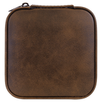 A square brown faux-leather zippered case with rounded corners and a top zipper, shown against a plain white background.
