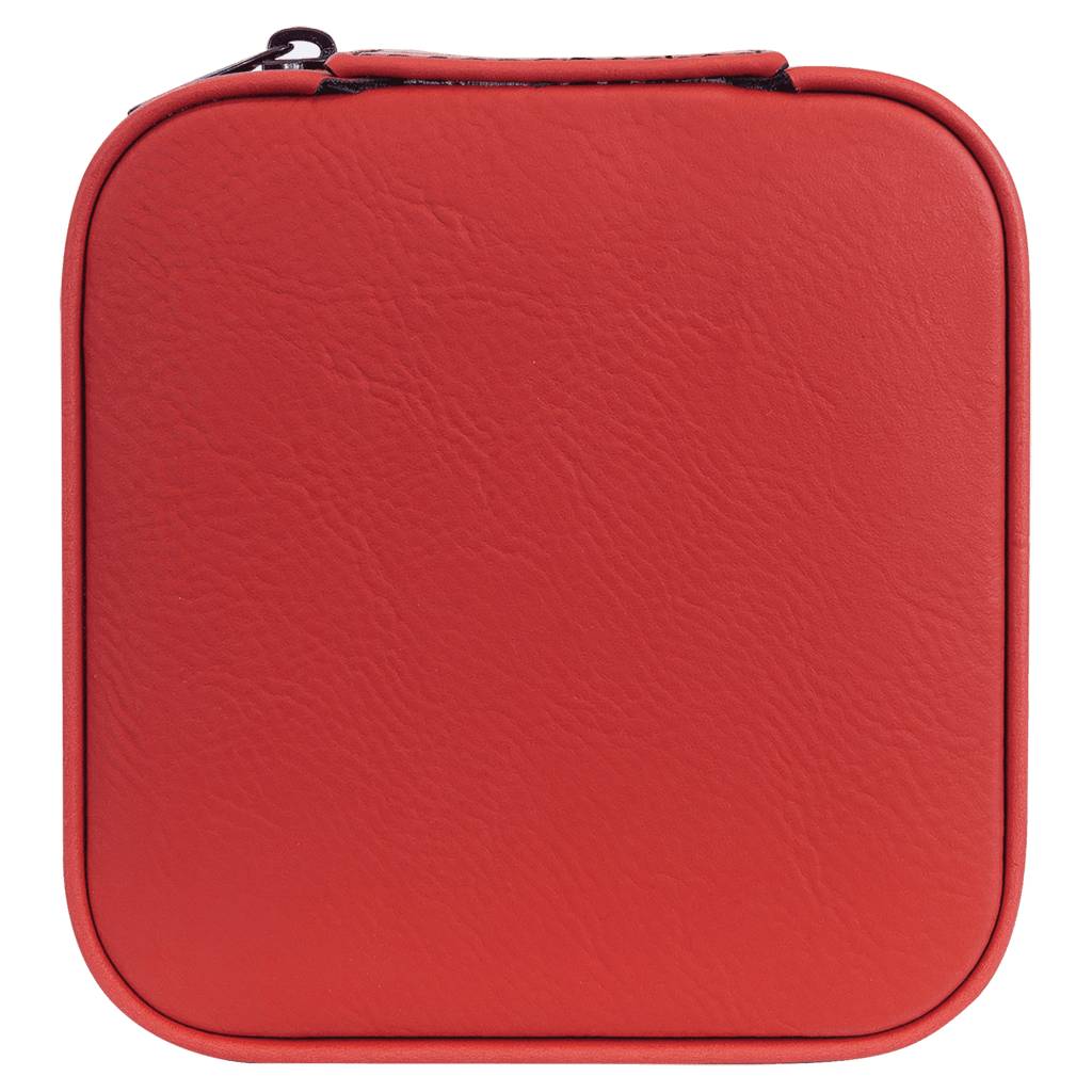 A square red zippered case with rounded corners and a textured faux-leather finish, shown against a solid green background.