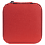 A square red zippered case with rounded corners and a textured faux-leather finish, shown against a solid green background.