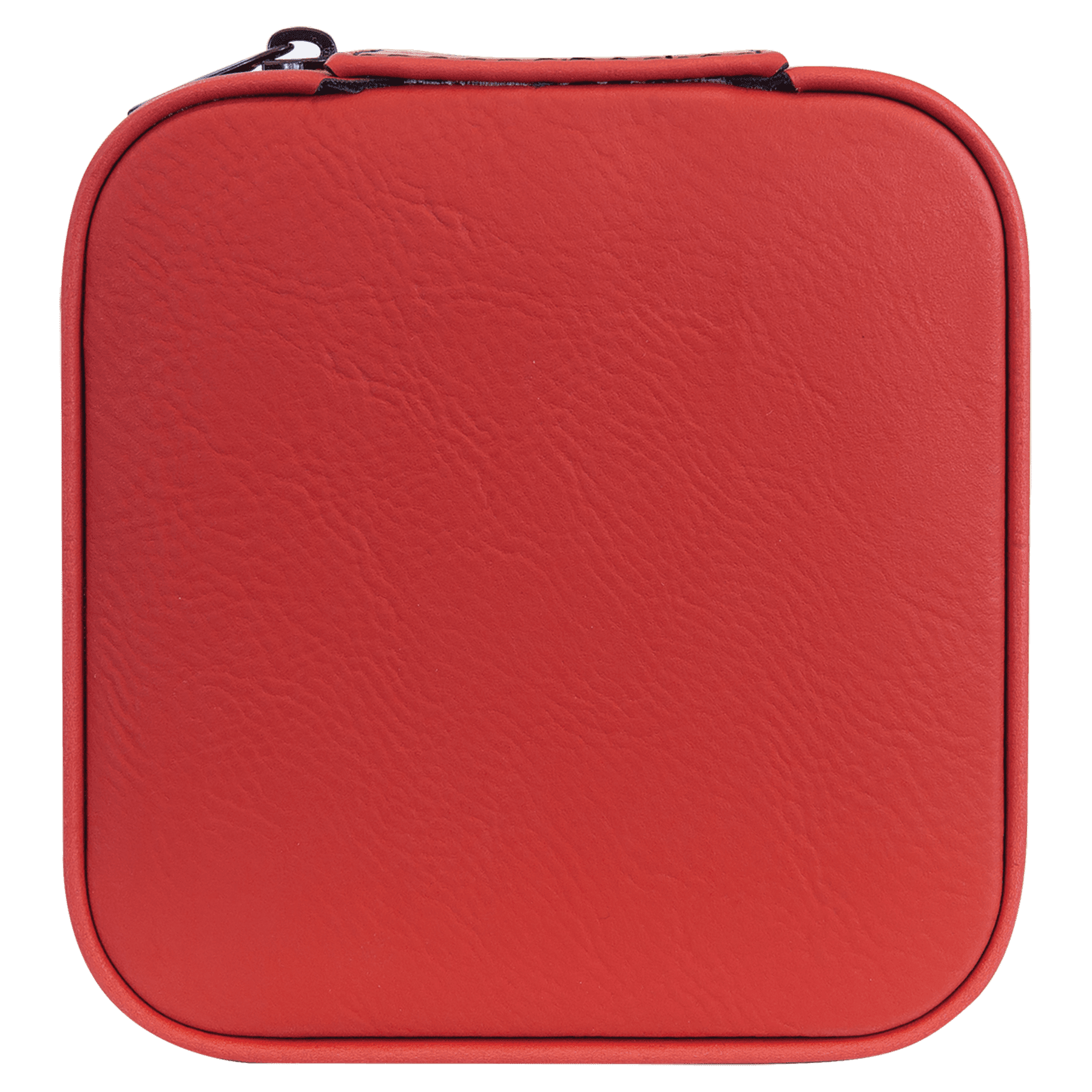 A square red zippered case with rounded corners and a textured faux-leather finish, shown against a solid green background.