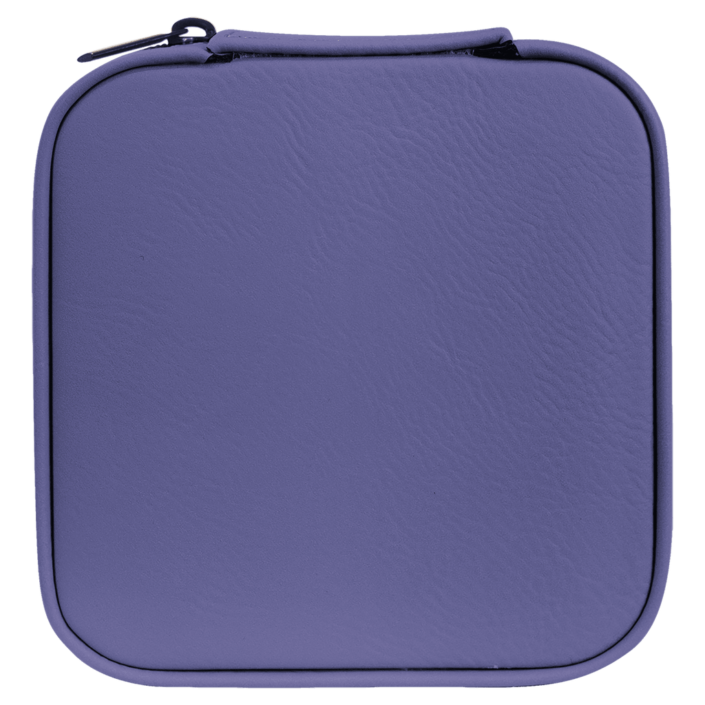 A square zippered hard case with rounded corners, featuring a textured purple faux-leather exterior and a black zipper pull, shown against a solid green background.
