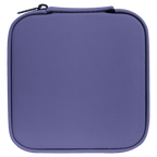 A square zippered hard case with rounded corners, featuring a textured purple faux-leather exterior and a black zipper pull, shown against a solid green background.