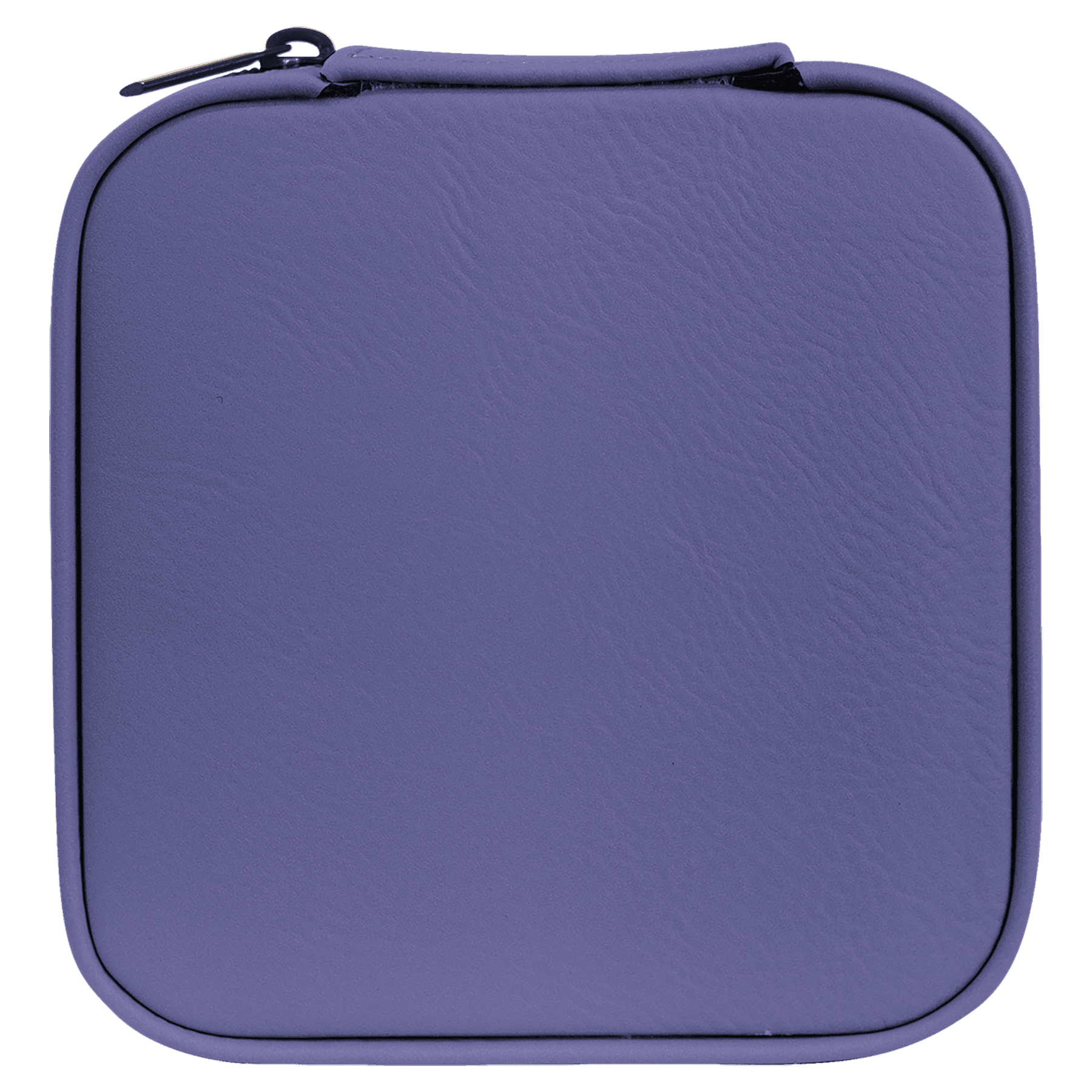 A square zippered hard case with rounded corners, featuring a textured purple faux-leather exterior and a black zipper pull, shown against a solid green background.