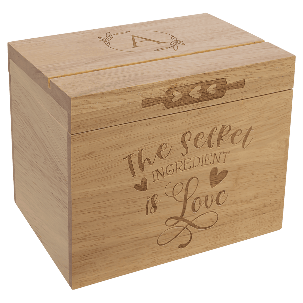 Personalized Engraved Wooden Recipe Card Box – “The Secret Ingredient is Love” (Top Display Slot)