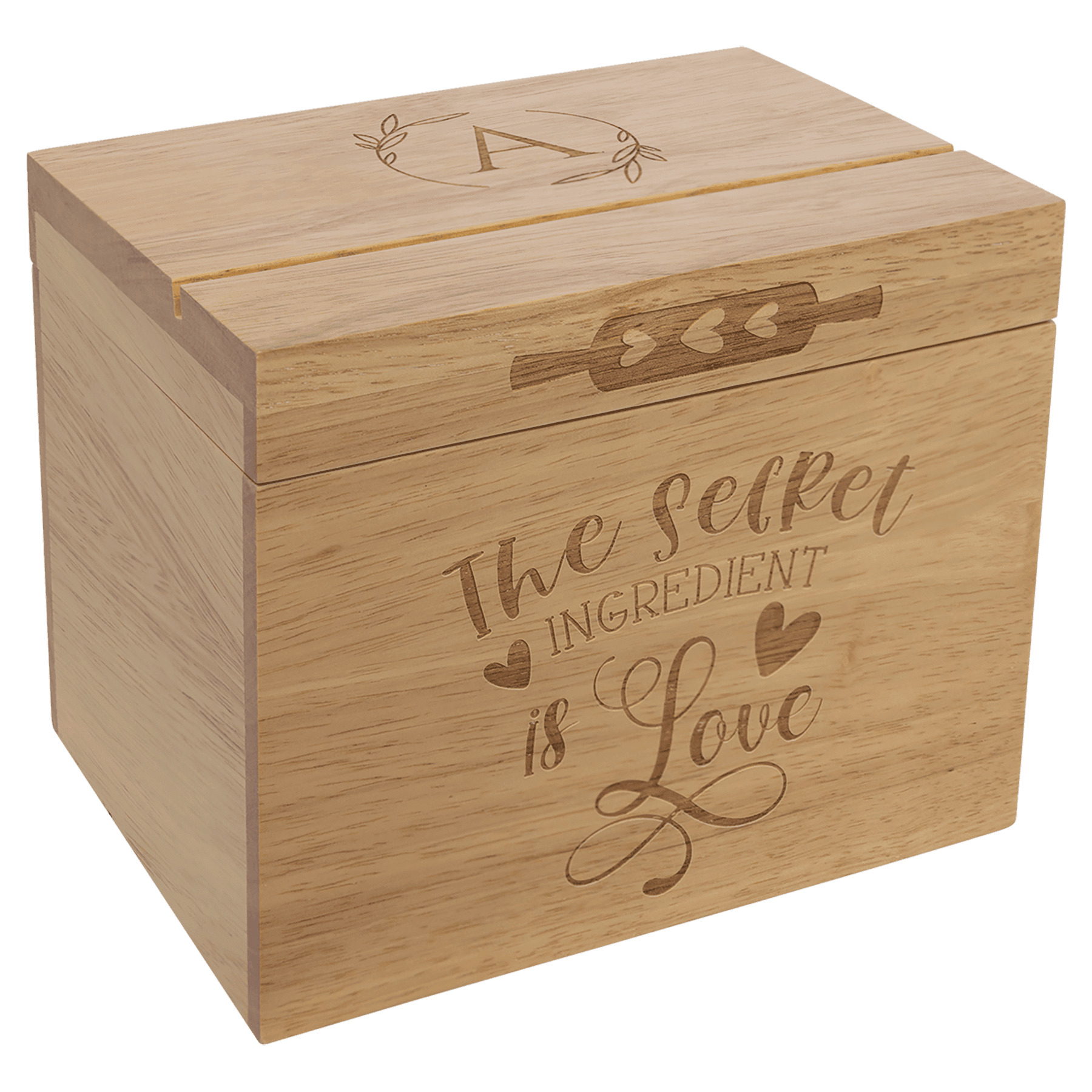 Personalized Engraved Wooden Recipe Card Box – “The Secret Ingredient is Love” (Top Display Slot)