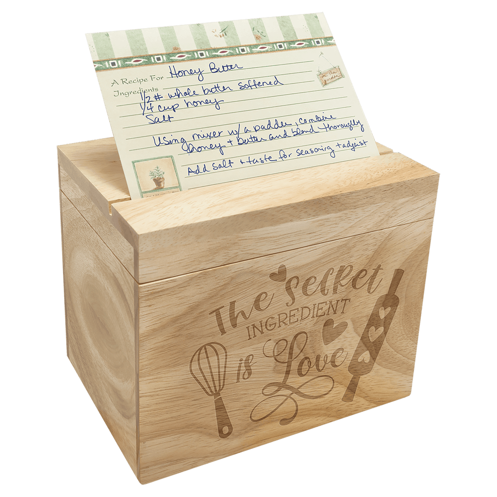 Personalized Engraved Wooden Recipe Card Box – “The Secret Ingredient is Love” (Top Display Slot)