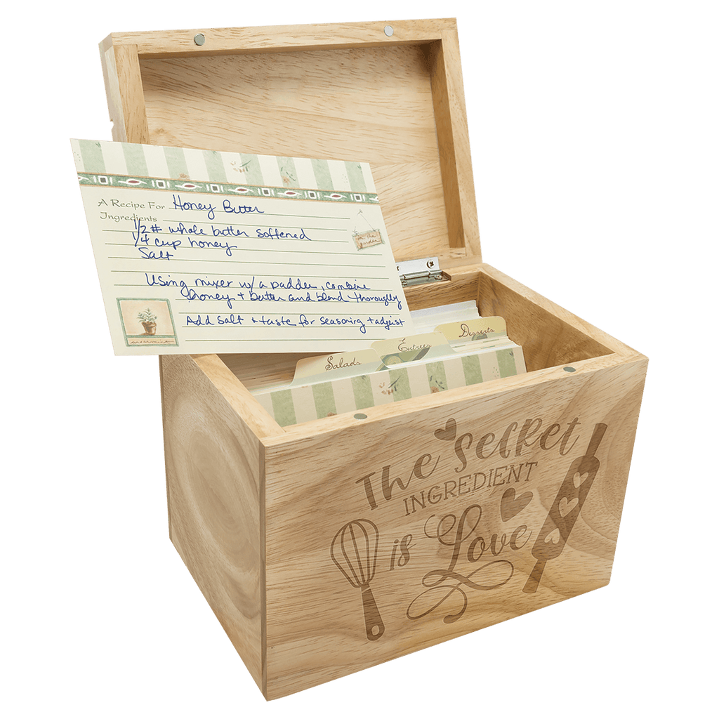 Personalized Engraved Wooden Recipe Card Box – “The Secret Ingredient is Love” (Top Display Slot)