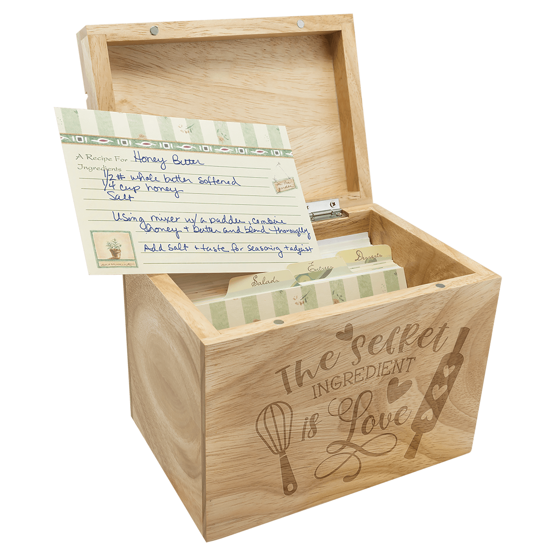 Personalized Engraved Wooden Recipe Card Box – “The Secret Ingredient is Love” (Top Display Slot)