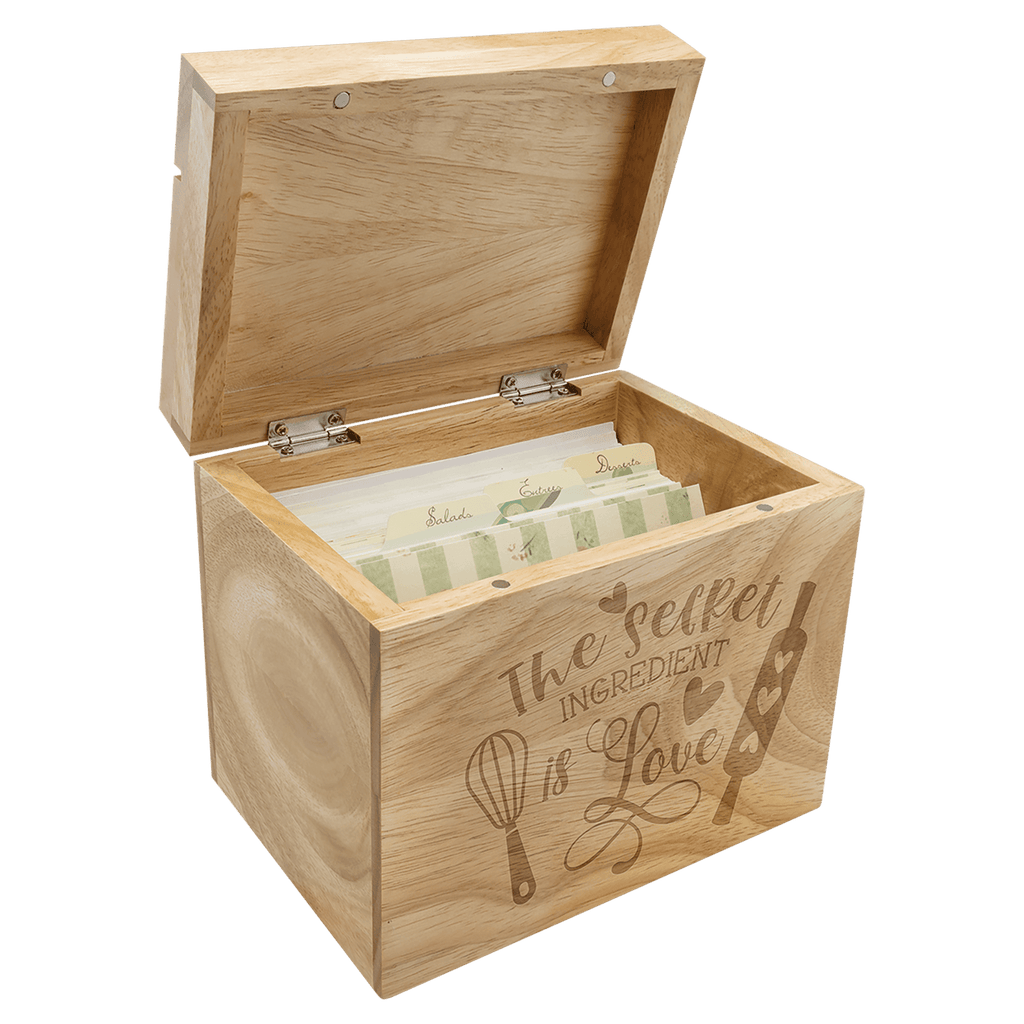 Personalized Engraved Wooden Recipe Card Box – “The Secret Ingredient is Love” (Top Display Slot)