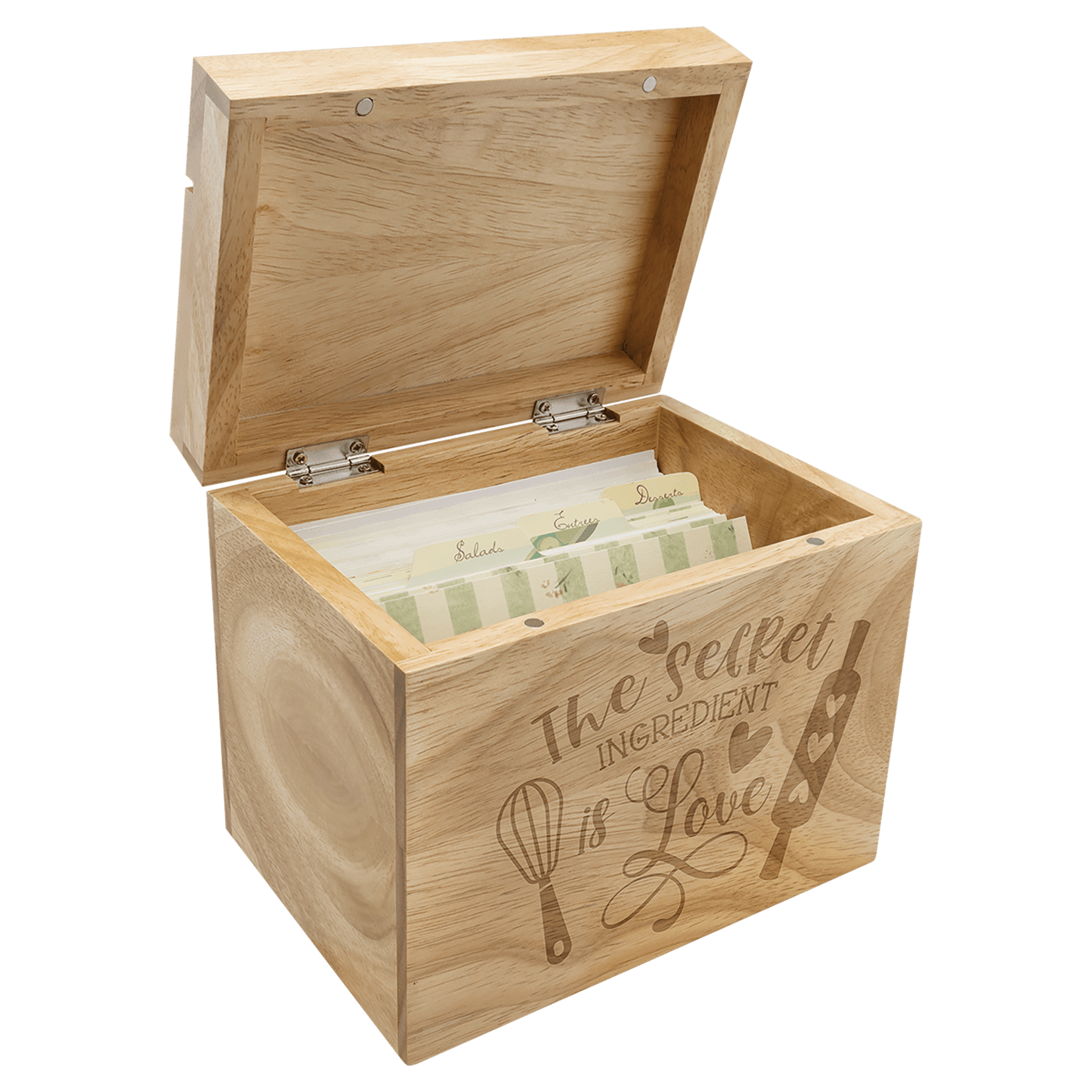 Personalized Engraved Wooden Recipe Card Box – “The Secret Ingredient is Love” (Top Display Slot)