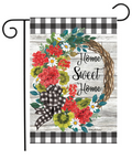 Decorative garden flag with floral design and 'Home Sweet Home' text on a checkered background.