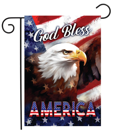 Flag with an eagle and 'God Bless America' text on an American flag background